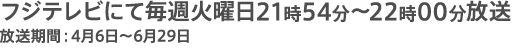 フジテレビにて毎週火曜日21時54分〜22時00分放送 放送期間:4月6日〜6月29日